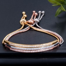 Shiny Cubic Zircon Micro Paved Gold Plated Slim Adjustable Bangle Bracelet Women