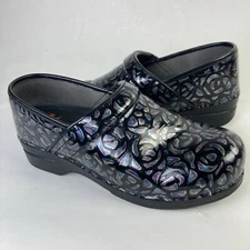 Dansko LT PRO Clogs womens EU 42  11.5 12 Black Patent Leather Metallic Floral