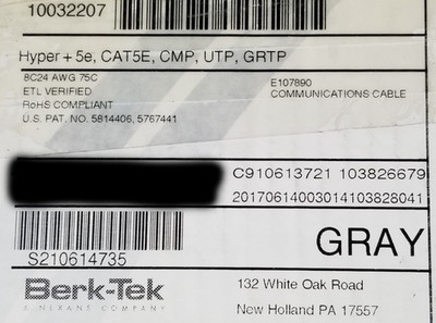 Berk-Tek 24/4P HyperPlus Cat5E Plenum U/UTP Network Cable Gray /100ft