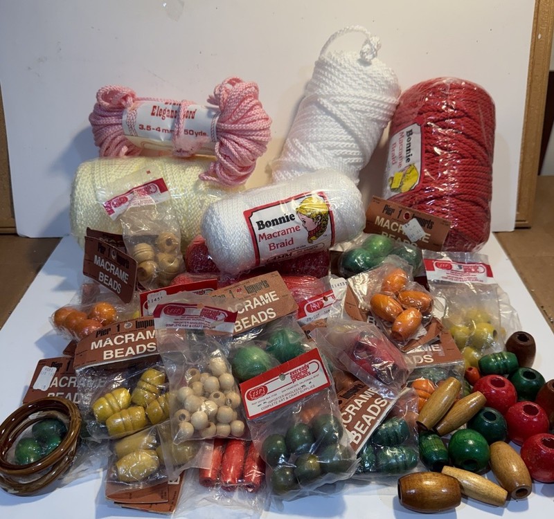 Vintage Macrame Cord & Wood Beads String Huge Lot  NOS Unused Retro Hippie Craft