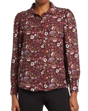 Elie Tahari Burgundy Floral Button Front Blouse Women’s XS Long Sleeve Work NWT