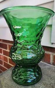 Vintage EO Brody Emerald Green Textured Crinkle Glass Floral Vase 