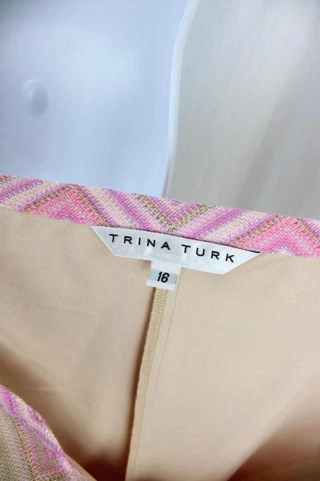 Pantalones para mujer Trina Turk naranja rosa estampado metálico tiro alto forrados pierna ancha 16 Foto 3 de 4
