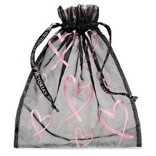 VICTORIAS SECRET Lingerie Sheer Black Pink Heart Drawstring Bag Pouch X4 NEW