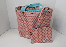Saltbox NYC Tote Bag With Coin Purse Terracotta Orange Turquoise Cross Hatch