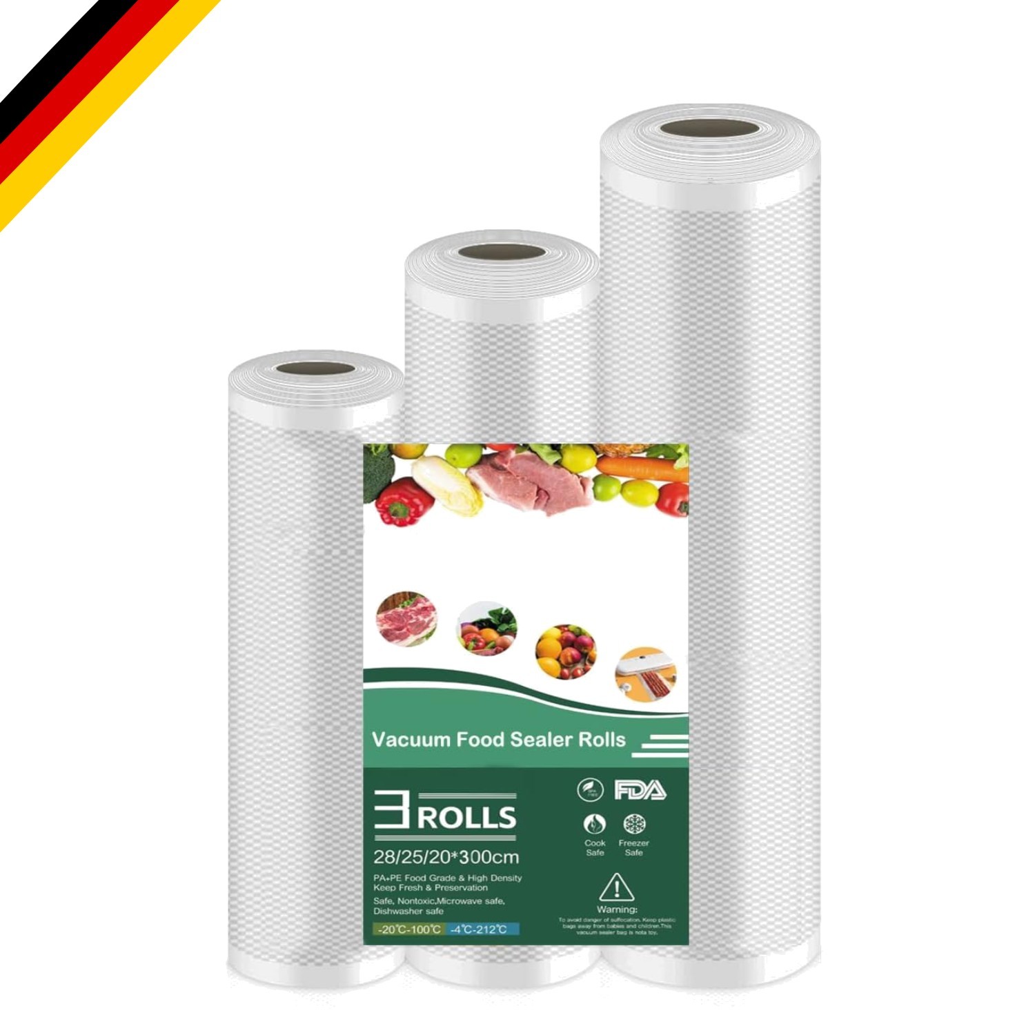 Vakuumrollen BPA-frei 3er Set 28/25/20x300cm für Lebensmittel & Aufbewahrung