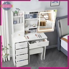 Vanity Desk Set w/ LED Light Mirror Makeup Dressing Table and Stool Shelve White