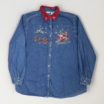 Bobbie Brooks Christmas Denim Shirt Womens XL 16/18 Santa Teddy Bear Embroidered
