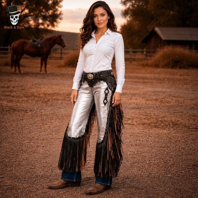 Handmade Women s Western Leather Fringe Cowgirl Chaps
