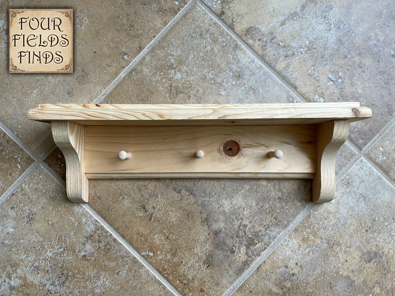 Vintage Farmhouse Style Unfinished Hand Crafted 16" Pine Wood Shelf, 3 Key Pegs