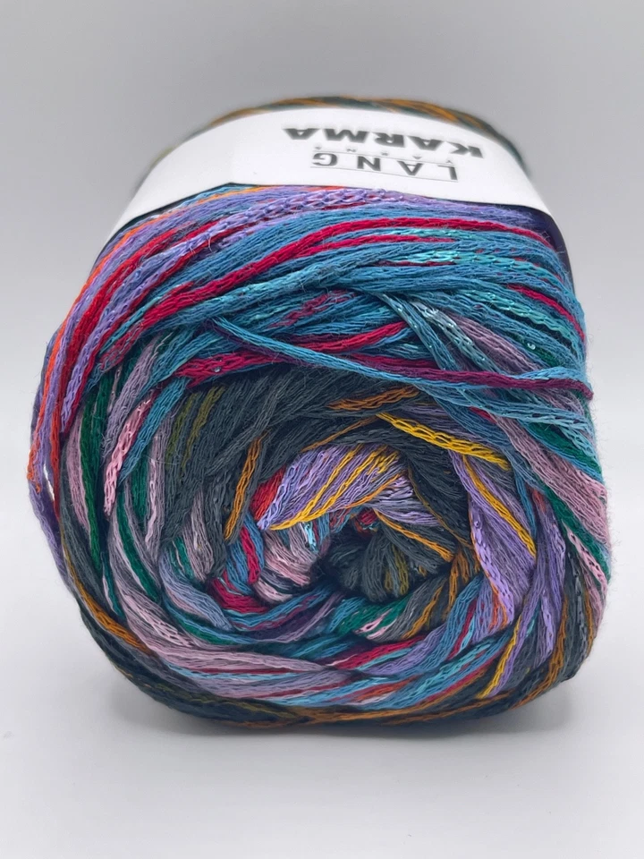 Lang Karma #03 Black Blue Red Lilac Striping DK Cotton Linen Cake Yarn 100g 311y - Image 3 of 4