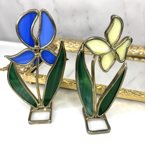Vtg 90s Tiffany Style Stained Art Glass Lead Flower Figurines Decor Suncatcher