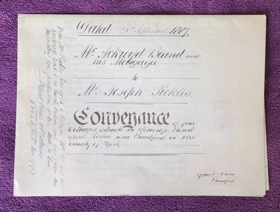 1908 Isaac Thompson Baumeister Edith Fox Land Iddesleigh St Bradford Indenture