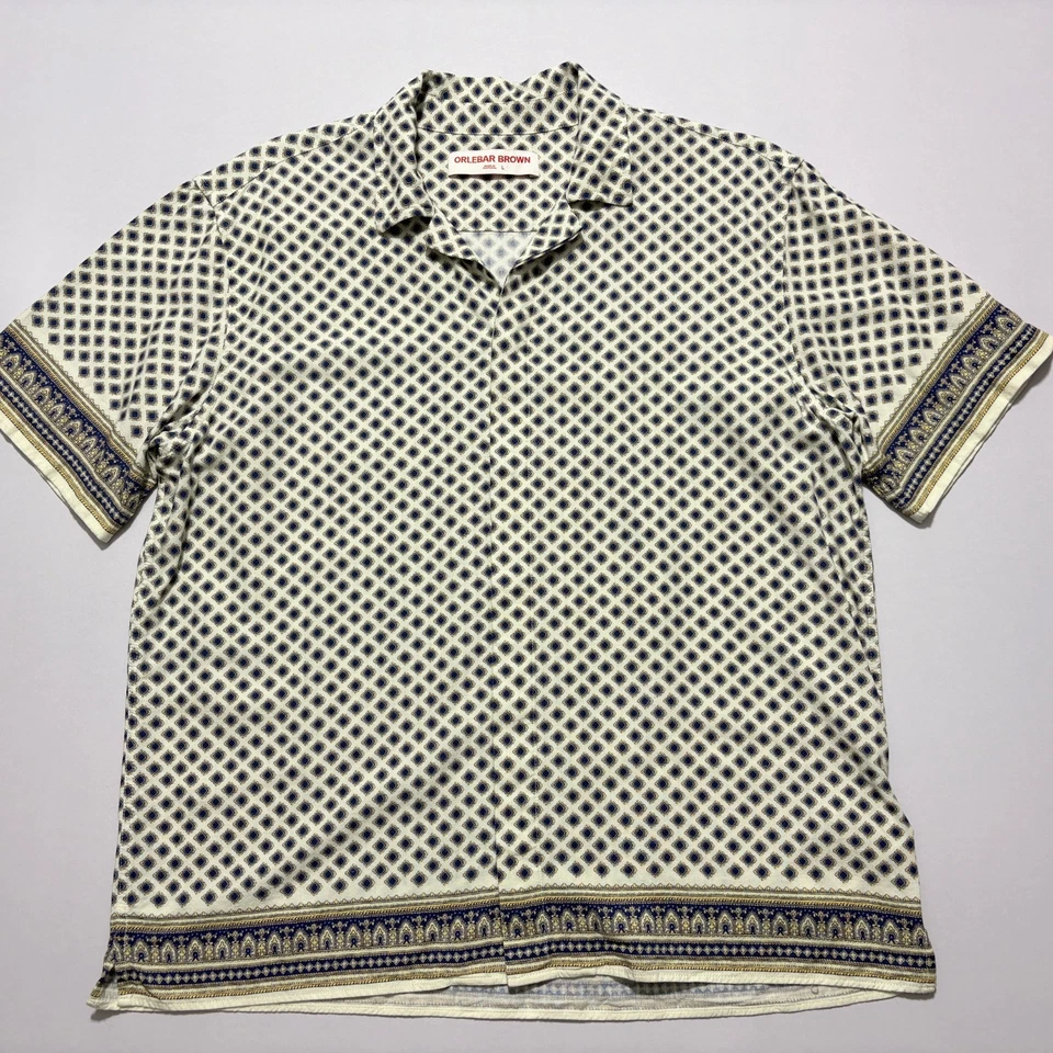 ORLEBAR BROWN Shirt Linen-Blend Camp Button Up Short Sleeve Geometric Mens Large Foto 2 de 4