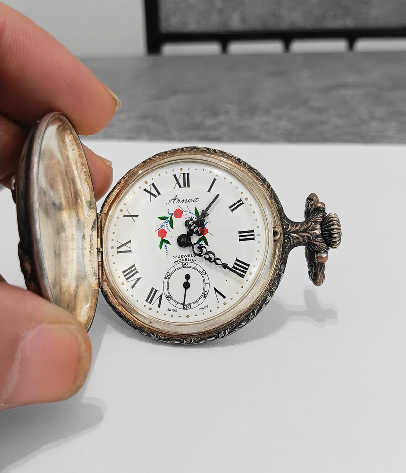 Working Vintage Arnex 17 Jewel Incabloc Swiss Pocket Watch Fisherman