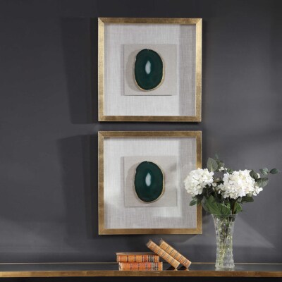 TWO MODERN KEEVA XXL 20'' EMERALD GREEN AGATE STONE SHADOW BOXES UTTERMOST 04187