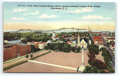 1940er CHARLESTON SC FRANCIS MARION HOTEL COOPER RIVER BRIDGE POSTKARTE P5473