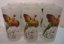 Pheasant Flight Flush Hunt Game Wild Bird 6 Frosted Glass Highball Tumblers Vtg