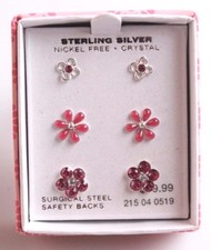 3 pairs Girls Sterling Silver 925 Pink Clear Crystal Flower Post Stud Earrings