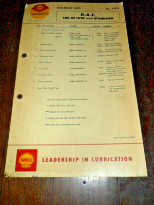 Vintage Shell Schmiertabelle D.A.F. 600 de Luxe & Standard (Ex-Garage)