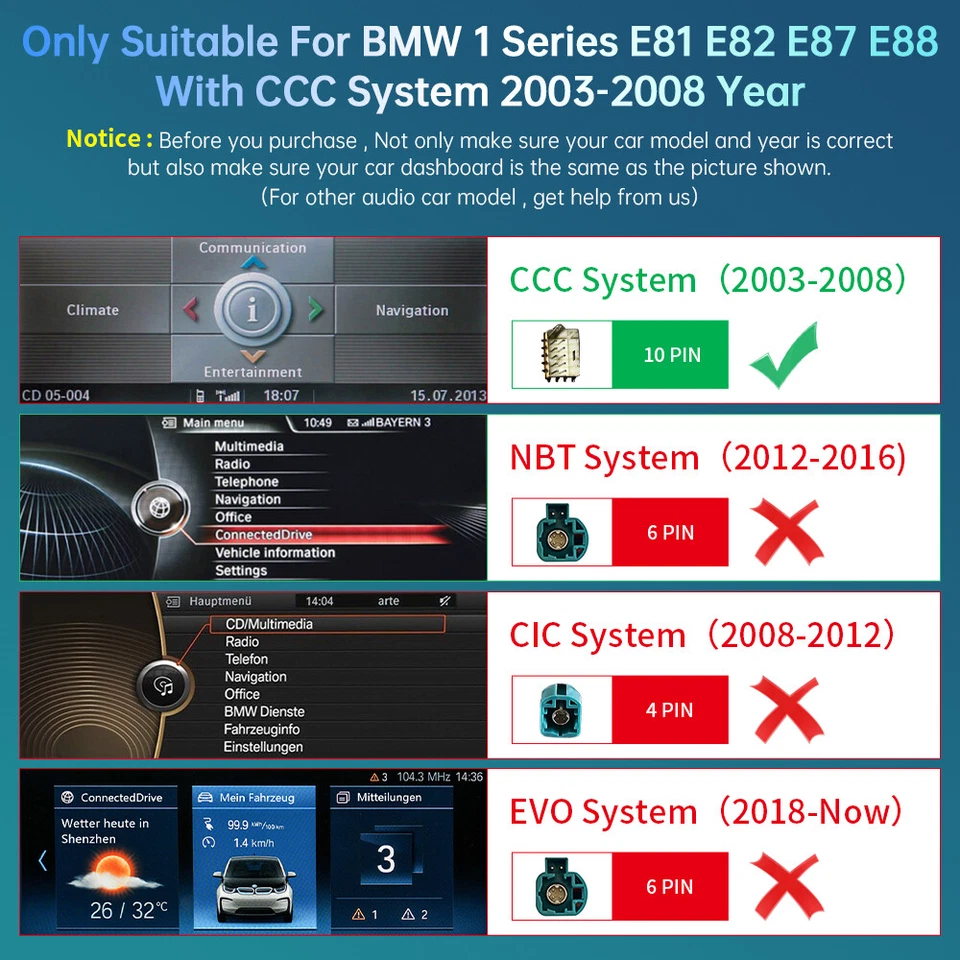 10.25'' Wireless CarPlay Car Touch Scree For BMW 1 Series E81 E82 E87 E88 CCC - Image 3 of 4