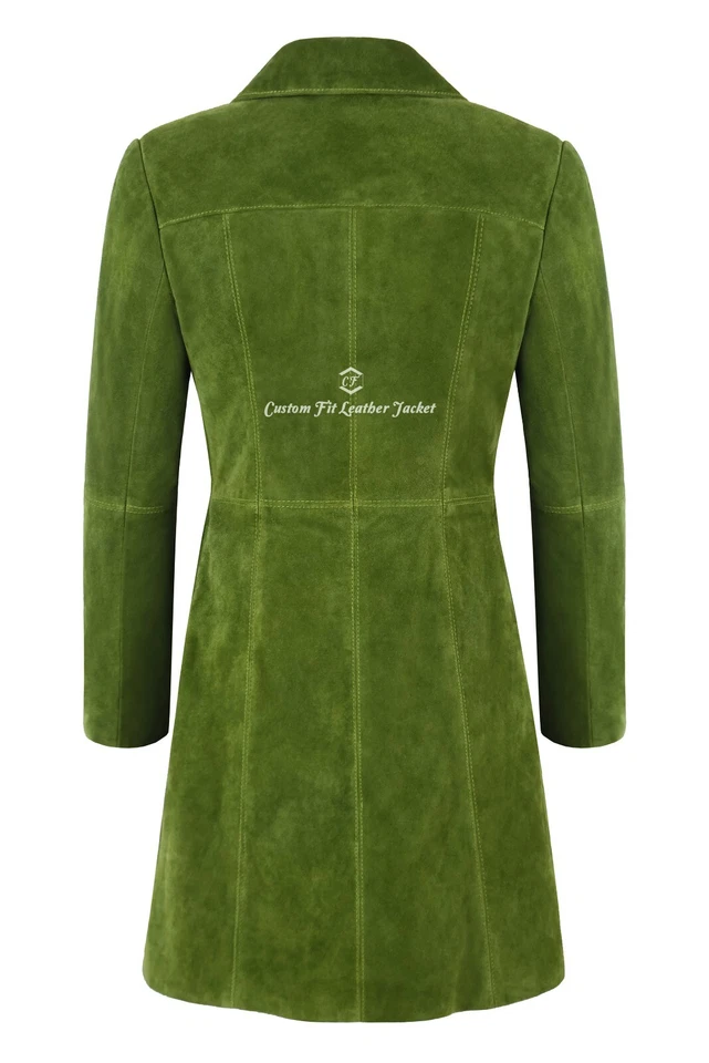 Women's Elegant Trench Leather Coat Lime Green Suede Knee-Length Designer Coat - Image 3 of 4