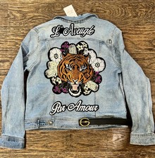 Blind For Love Tiger Upcycled Modern Distressed Trucker Denim Jean Jacket - Sz L