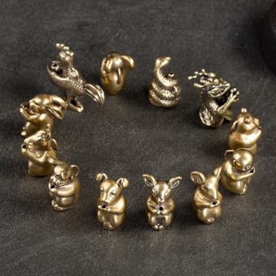 Pure Brass 12Animals Keychain Pendant Keyring Hanging Miniature Ornament Tea Pet