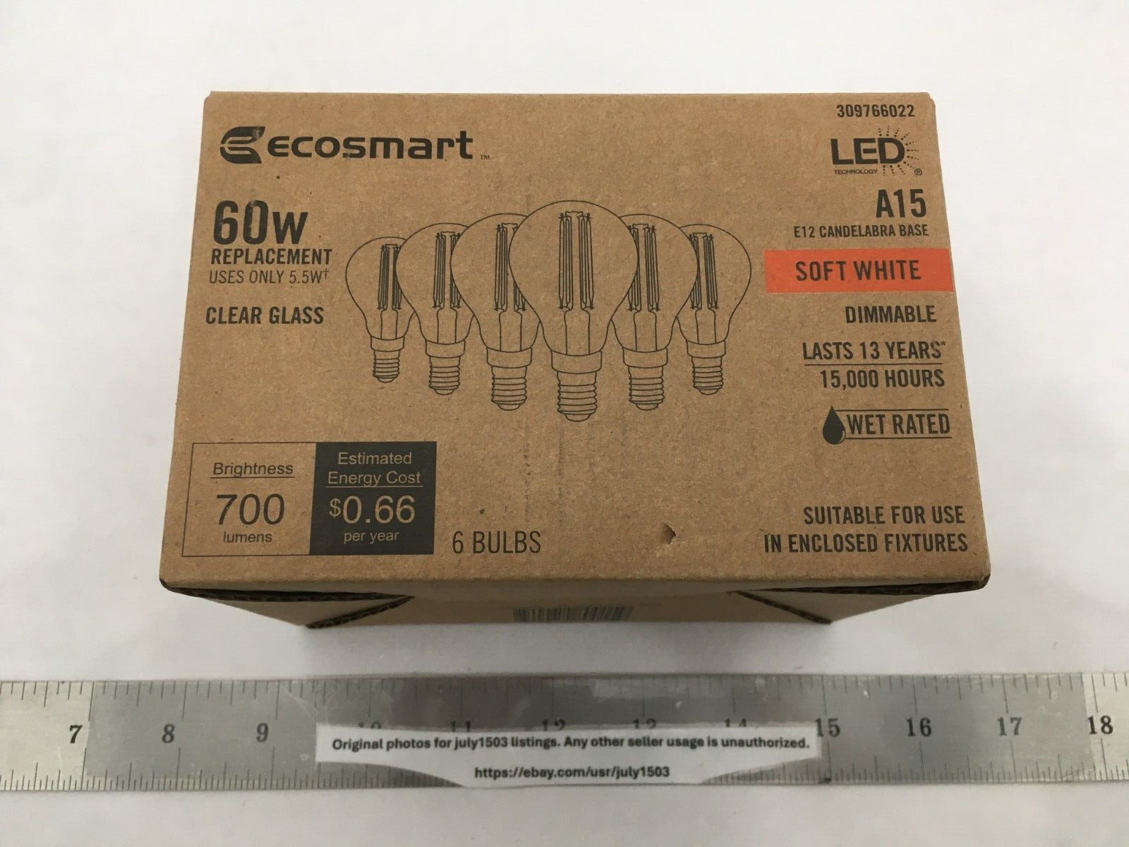 NEW EcoSmart 6-pk 60W LED A15 Clear Bulb E26 Soft White 2700K Dimmable Wet Rated