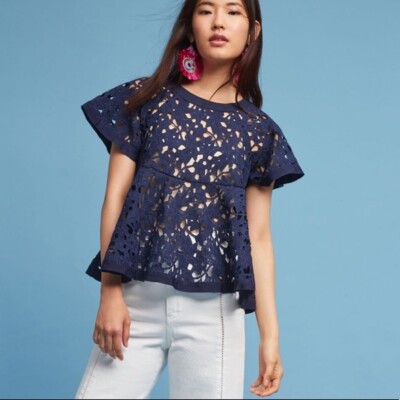 Anthropologie Remy Swing Top by Eri+Ali  Crochet Blouse Blue Navy SZ S  A2.5-B12