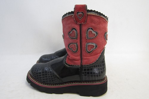 Ariat Youth Size 4 D Black Leather Red Suede Hearts Cowboy Western Boots
