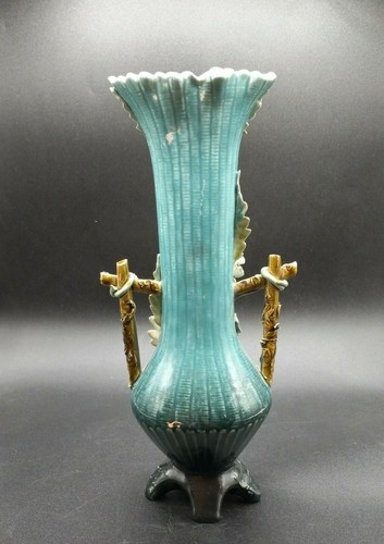 Vintage Majolica Floral 12" Vase Teal w/ Applied Flowers Handles Footed - Picture 3 of 10