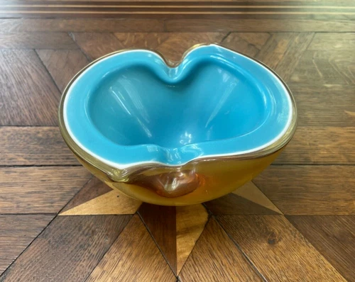 Vintage Murano Italian Glass Bowl Circa 1950s, Sky Blue and Gold Color