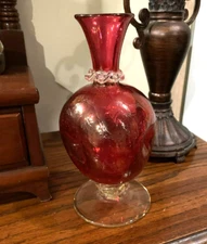 BLENKO for RAINBOW Art Glass Dimple Vase. Cranberry Crackle, Applied Glass. 7.5"
