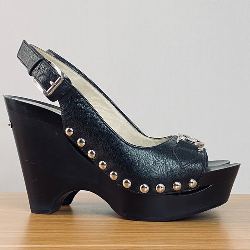 Black MICHAEL KORS platform shoes 7.5 wedge slingback rivets high heel Charm - Picture 5 of 12
