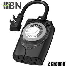 HBN 24Hr Mechanical Outdoor Timer Waterproof 2 Grounded Timer Outlets For Lights