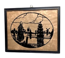 Vintage Framed Silk Screen Process Art With Dutch Scene & Black Silhouette 
