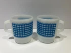 Vintage Anchor Hocking Fire King Blue Gingham Milk Glass Mugs Set of 2