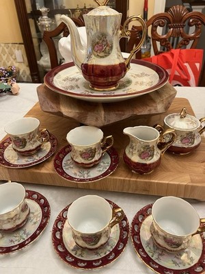 Vintage Imperial Japan Courting Couple Porcelain Tea Set Lusterware Gold
