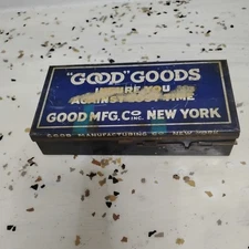 Vintage GOOD Mfg Co Case Tin Box for plumbing faucet cap thread & nut washers