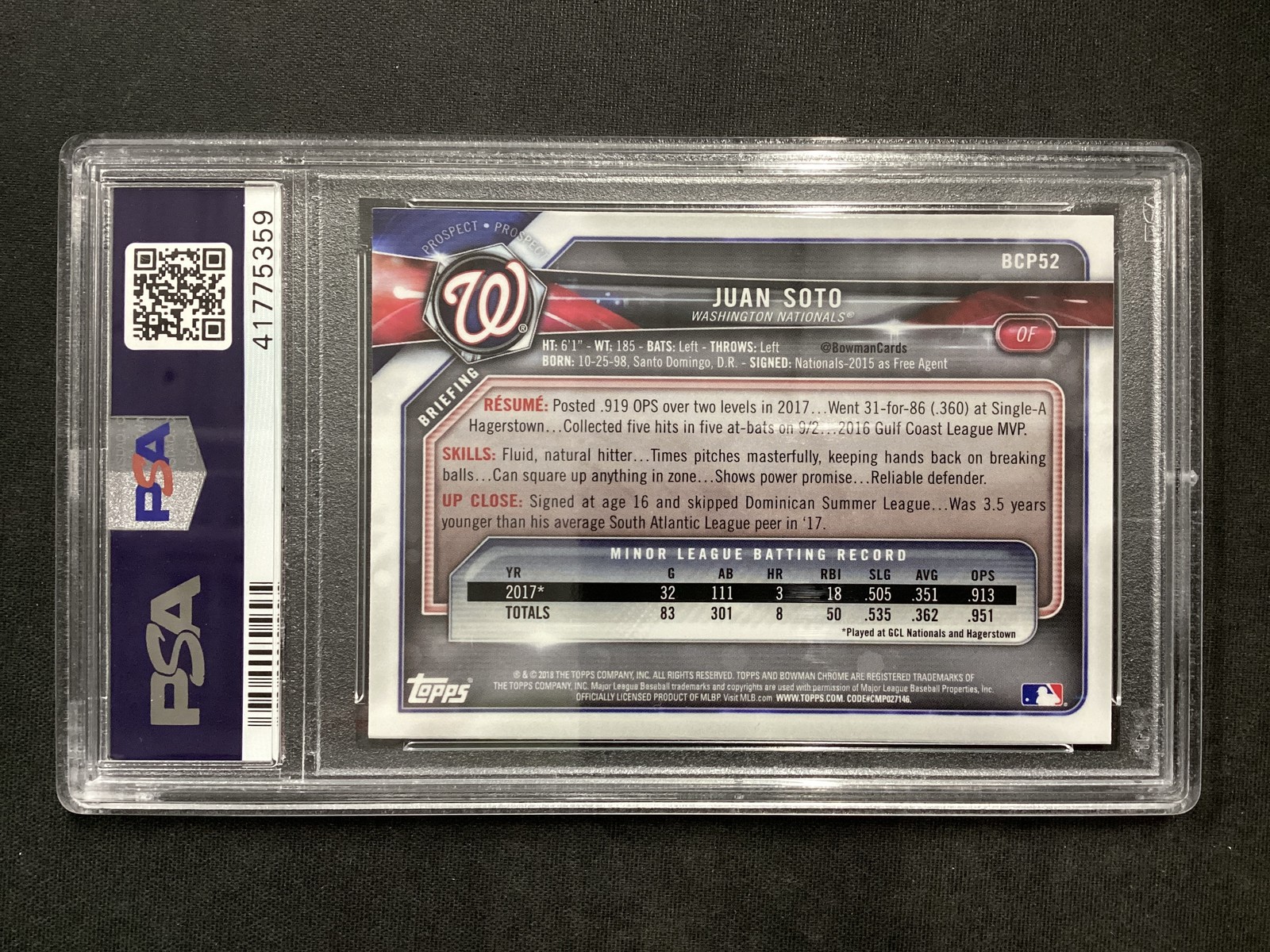 PSA 10 2018 Bowman Prospects Chrome #52 Juan Soto Washington Nationals GEM MINT view 2