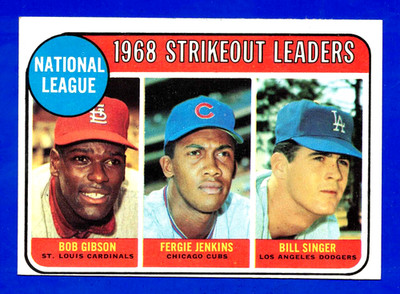 1969 TOPPS #12 LEADERS BOB GIBSON, FERGIE JENKINS, BILL SINGER CARD -- EX MINT