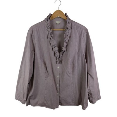 Talbots Ruffle Neck Burgundy Striped Button Up Shirt Size 2X Lightweight Office