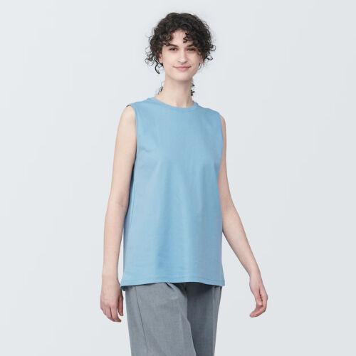 MUJI Womens 100% Organic Cotton Sleeveless T Shirt Light Blue FedEx - Afbeelding 1 van 7