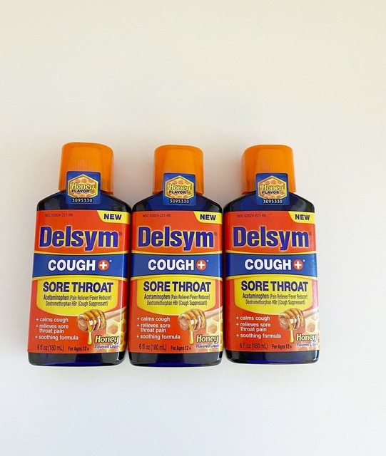 (3 Pack) DELSYM Adult Sore Throat COUGH + COLD 6oz HONEY Exp. 04/2106