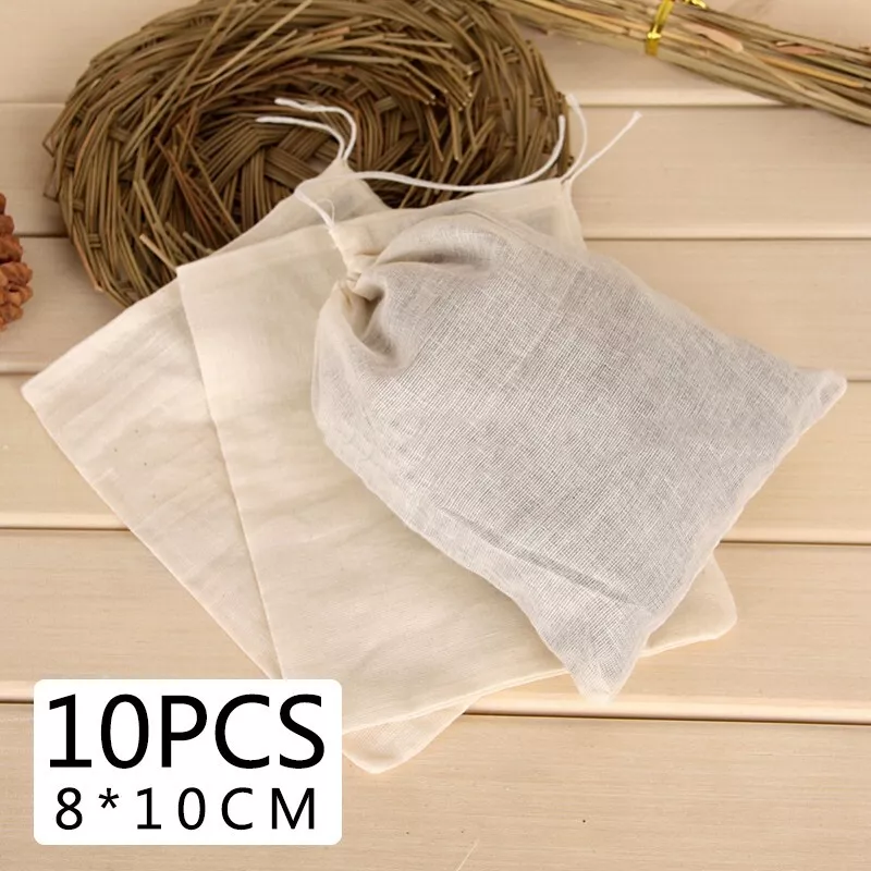 10X Reusable Cotton Muslin Bags Spices Herbs Tea Drawstring Empty Filter Bag