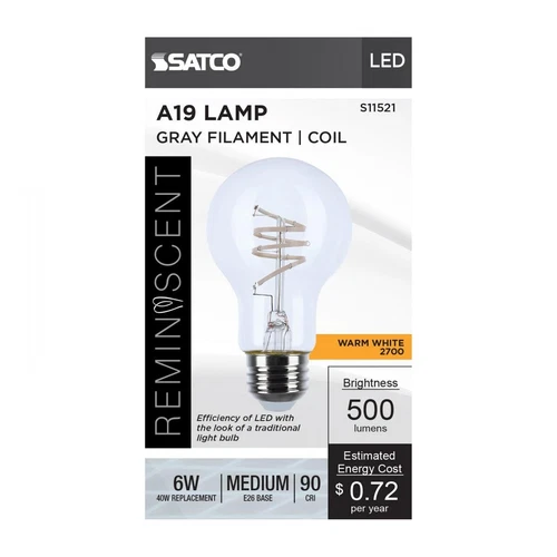 SATCO S11521 6W(40W EQ) 120V Reminiscent LED A19 E26 Gray Coil Filament CL 2700K - Picture 3 of 3