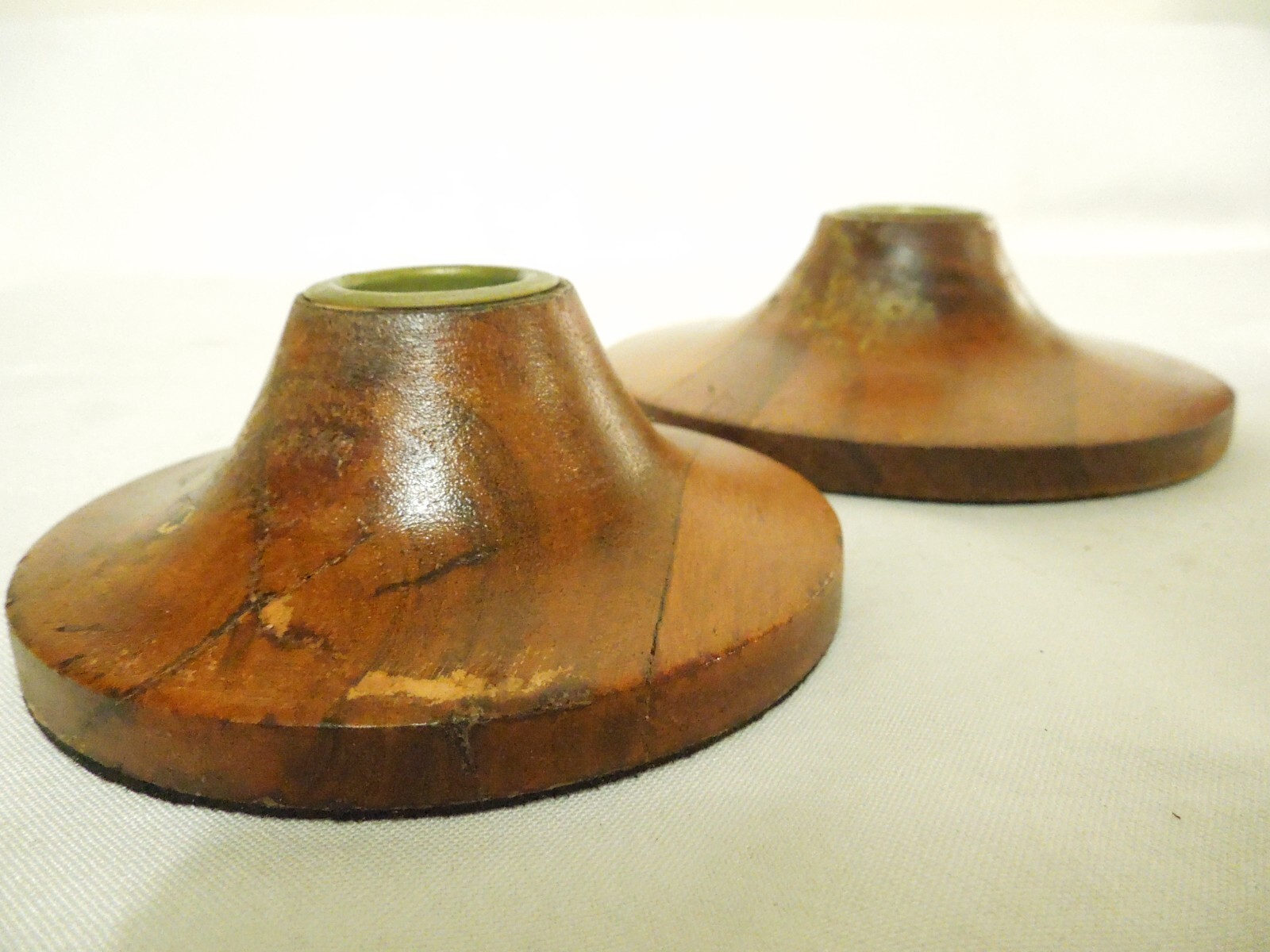 Vintage Taper Candle Holders Set of 2 Wood with Brass Inserts 5" & 4" Diameters