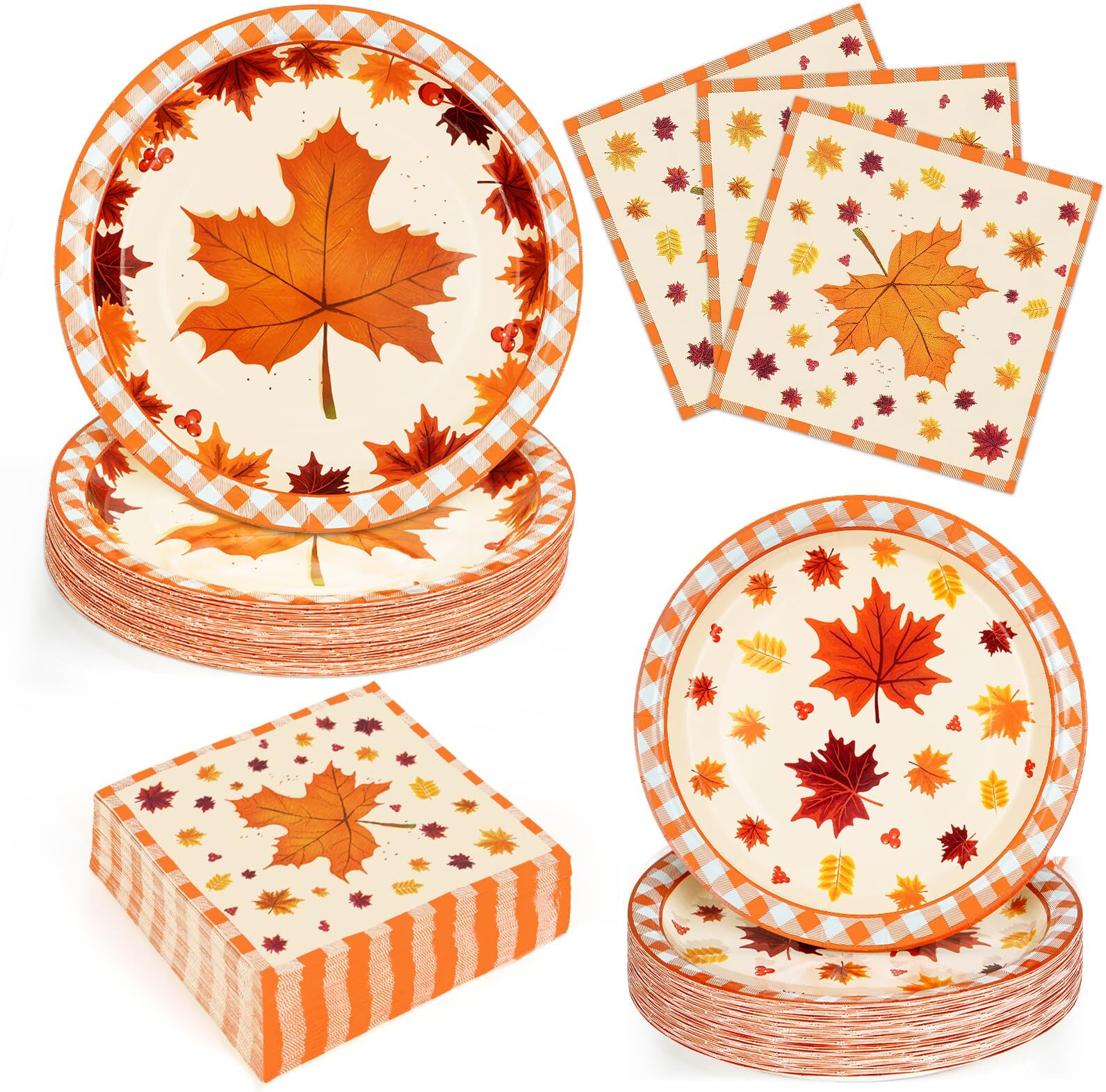 200pcs Thanksgiving Paper Plates & Napkins Set with Fall Maple Leaf Design for Autumn Parties  