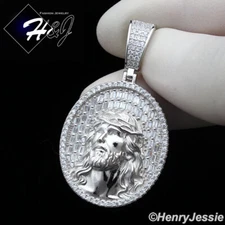 MEN 925 STERLING SILVER ICY BLING BAGUETTE CZ 3D JESUS FACE OVAL PENDANT*SP385